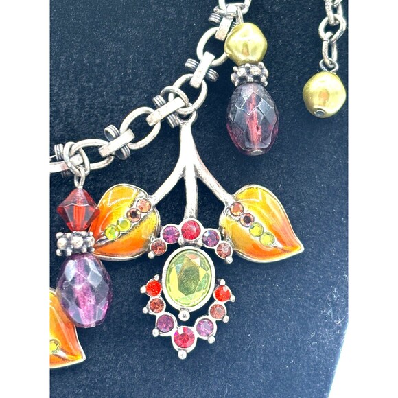 Chicos‎ Floral Rhinestone Statement Necklace 17" Extender Enamel Leaf Silvertone - Picture 3 of 15